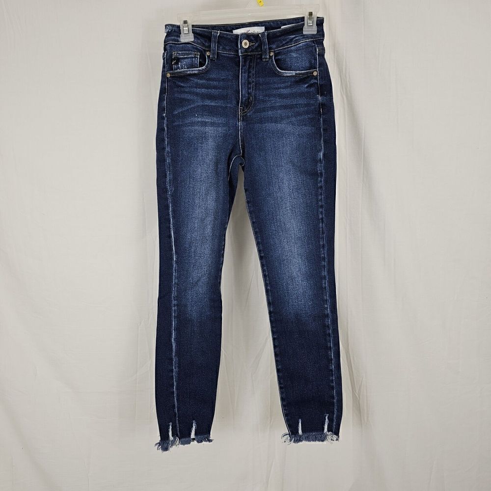KanCan Jay High Rise Ankle Skinny Jeans Womens 5 / 26 Blue Stretch Fringe Hem